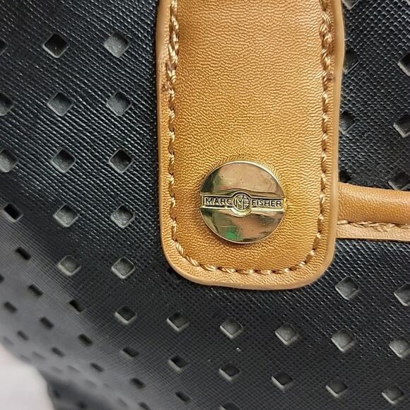 Marc Fisher Black Tan Perforated Vegan Leather Double Handle Handbag Purse - Picture 4 of 16